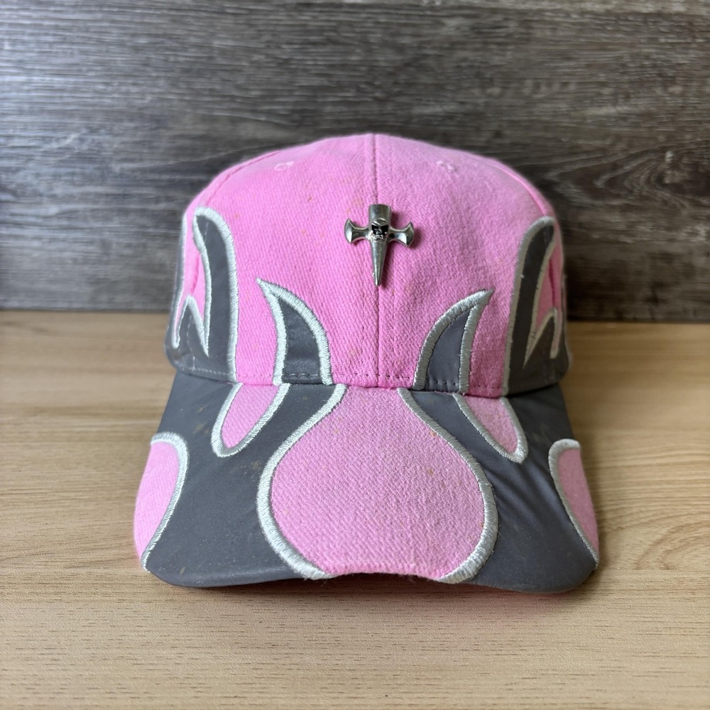 Strut Hat Cap Strap Back Womens Pink Gray Flames Embroidered Metal Cross Badge